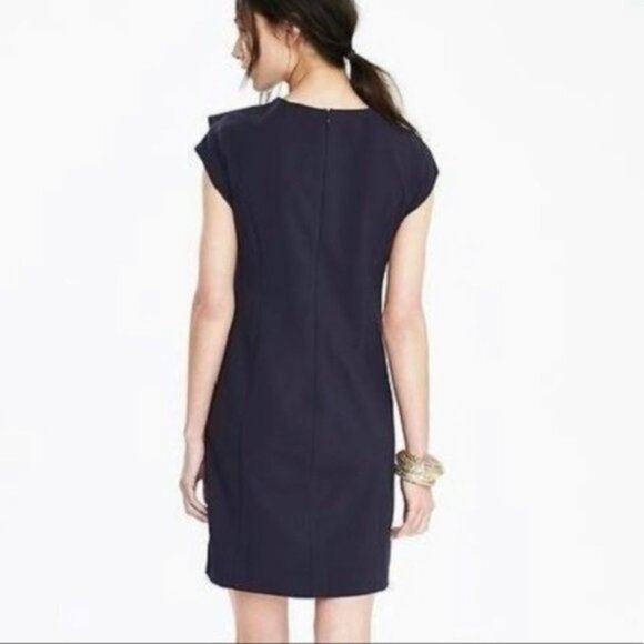 NWT BANANA REPUBLIC Crew Neck Asymmetrical Ruffle Navy Sheath Dress Lined Sz 8P - Picture 3 of 15
